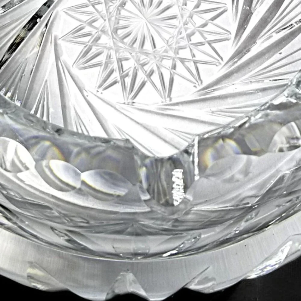 Bohemian Cut Crystal Heavy Ashtray-Exquisite Czech Pinwheel Swirl & Star Design